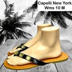 Capelli NY Womens Black Beaded Pale Yellow Rhinestone Flip Flop Sandal Size 10 M